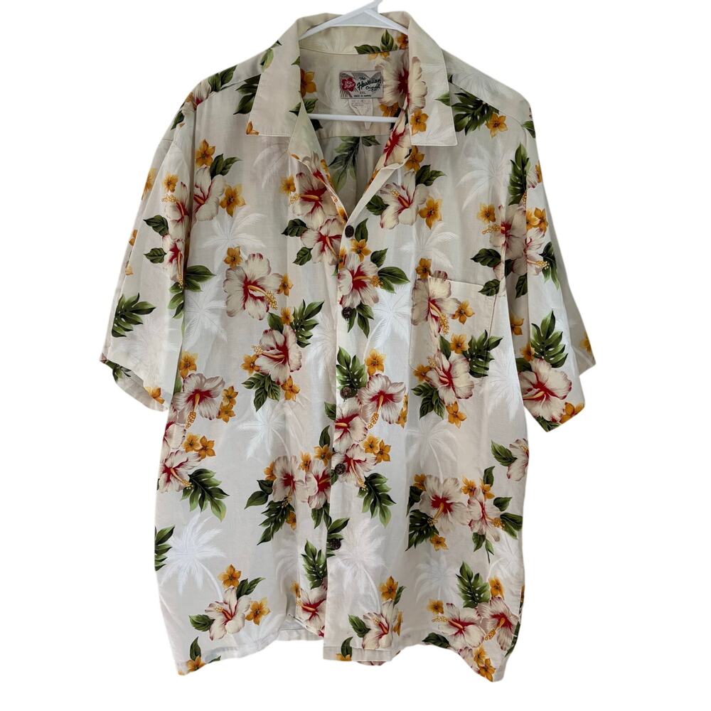 Hilo Hattie Hawaiian Shirt Hibiscus Floral Wood Buttons Size 2XL